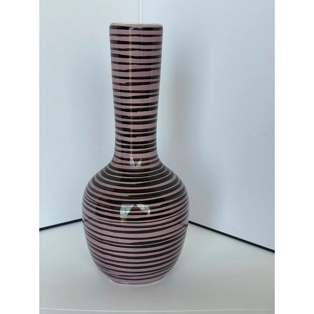 Vintage Mid-Century Pink & Black Striped Art Glass Bud Vase, Tall Bottle Neck